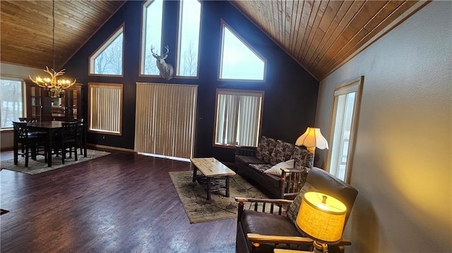 interior space featuring high vaulted ceiling, wooden ceiling, an inviting chandelier, and dark hardwood / wood-style floors