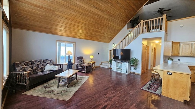 living room featuring high vaulted ceiling, ceiling fan, wood ceiling, and dark wood-type flooring