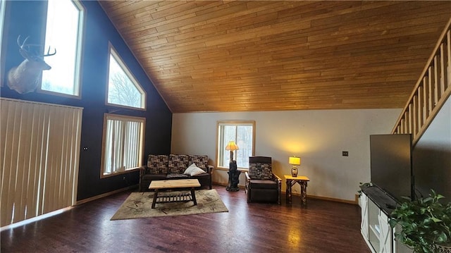 sitting room featuring high vaulted ceiling, wooden ceiling, and dark wood-type flooring