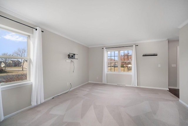 empty room with light carpet and crown molding