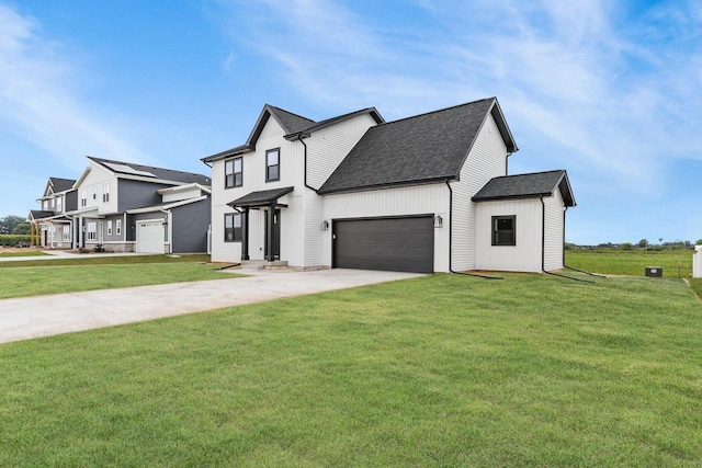 modern farmhouse style home featuring a front yard