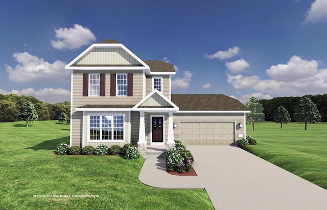 view of front of property featuring a garage, driveway, a shingled roof, and a front yard