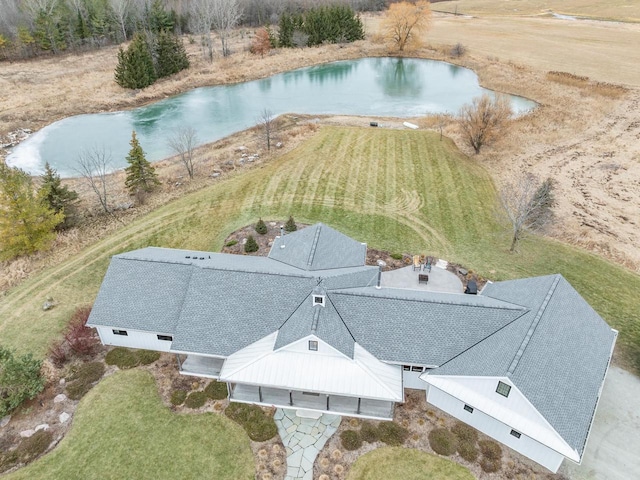 drone / aerial view featuring a water view