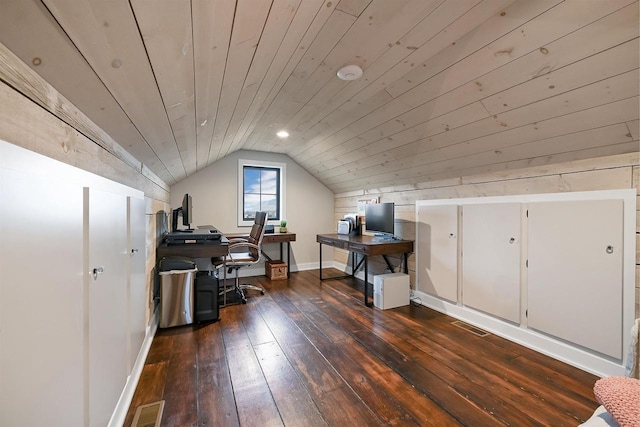 office area with dark hardwood / wood-style floors, wooden ceiling, and lofted ceiling