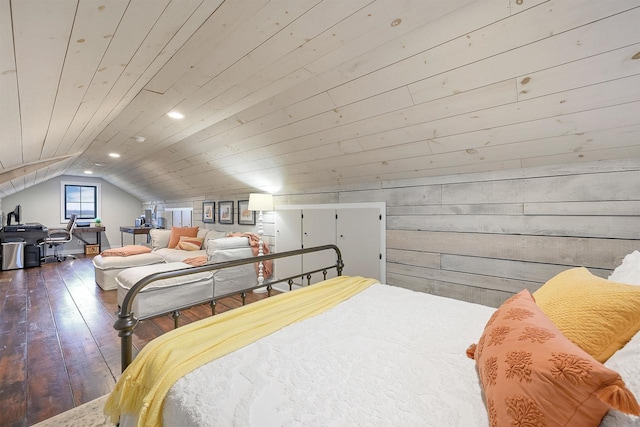 bedroom featuring dark hardwood / wood-style floors, wooden walls, wood ceiling, and vaulted ceiling