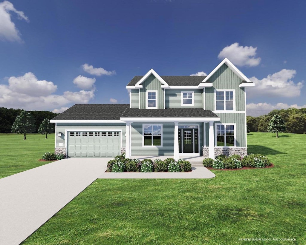 craftsman inspired home featuring a garage and a front yard