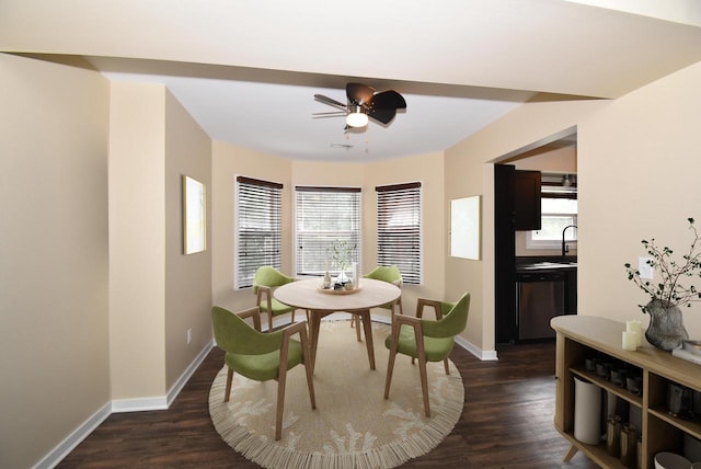 dining room featuring ceiling fan, dark hardwood / wood-style flooring, and sink