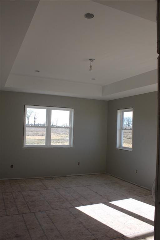 unfurnished room featuring a raised ceiling and a healthy amount of sunlight