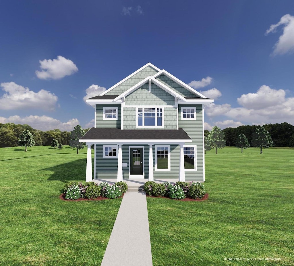 view of front facade featuring a porch and a front lawn