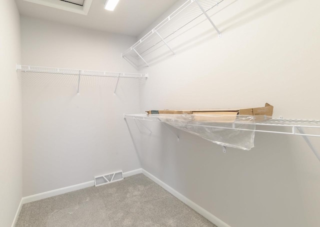 spacious closet featuring visible vents and carpet flooring