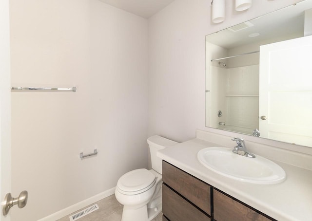 bathroom featuring tile patterned floors, visible vents, toilet, walk in shower, and vanity