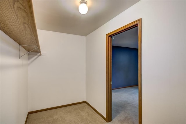 spacious closet featuring light colored carpet