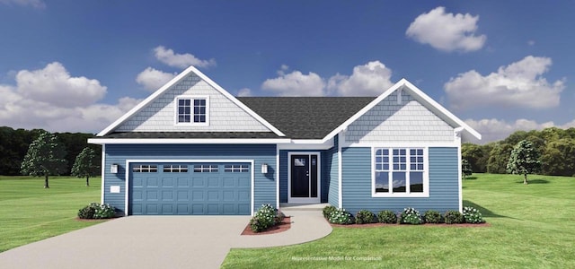 view of front of property with driveway, an attached garage, and a front lawn