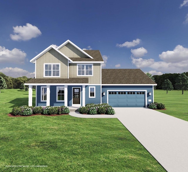 view of front of house featuring a garage and a front lawn