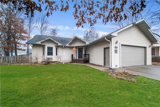 single story home featuring a garage and a front lawn