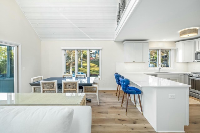 kitchen with white cabinetry, sink, a healthy amount of sunlight, light hardwood / wood-style floors, and appliances with stainless steel finishes