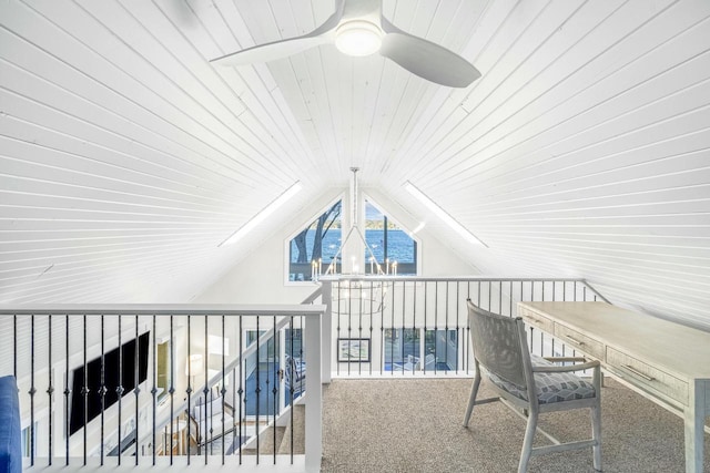 unfurnished office featuring carpet, ceiling fan, wooden ceiling, and vaulted ceiling