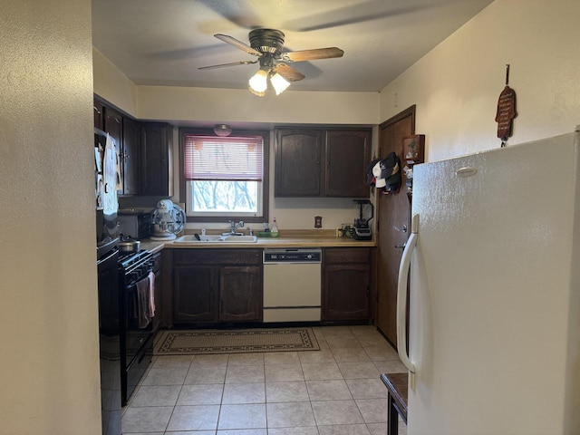 kitchen with ceiling fan, sink, white appliances, dark brown cabinets, and light tile patterned floors