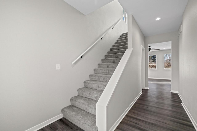 stairs with hardwood / wood-style flooring and ceiling fan