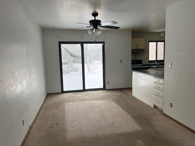 kitchen with light colored carpet, white cabinetry, and sink