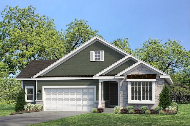 craftsman-style house with a front yard and a garage