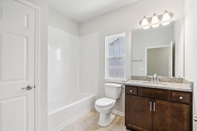 full bathroom featuring vanity, tile patterned flooring,  shower combination, and toilet