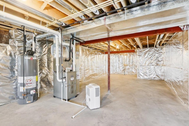 basement featuring water heater and heating unit