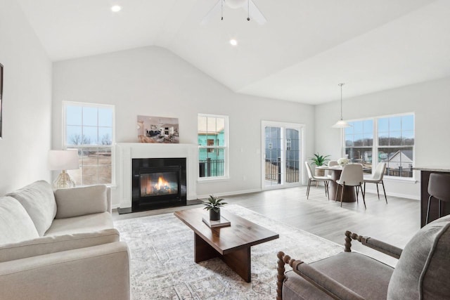 living room featuring lofted ceiling and light hardwood / wood-style flooring