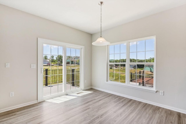 unfurnished dining area featuring plenty of natural light and light hardwood / wood-style flooring