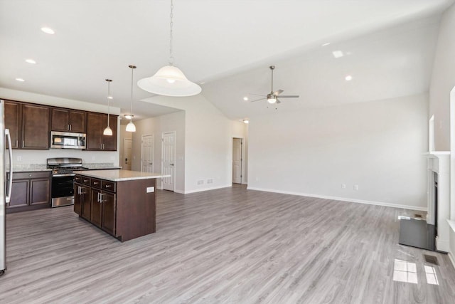 kitchen with dark brown cabinets, light hardwood / wood-style flooring, a kitchen island, pendant lighting, and stainless steel appliances