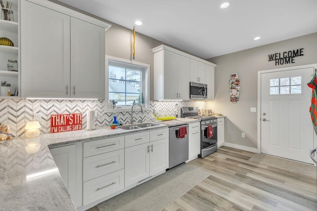 kitchen with white cabinets, stainless steel appliances, light stone counters, and sink