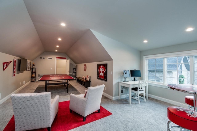 rec room featuring light colored carpet and lofted ceiling