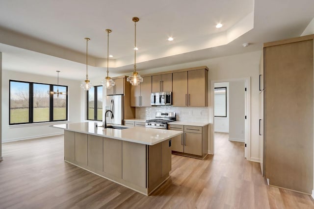 kitchen featuring sink, backsplash, stainless steel appliances, a center island with sink, and a raised ceiling