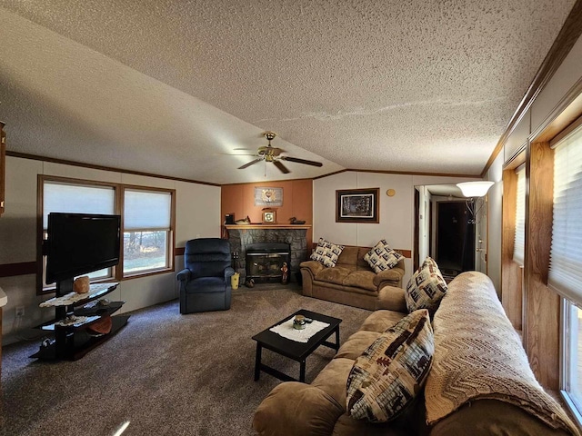 living room featuring ceiling fan, carpet floors, a textured ceiling, and vaulted ceiling