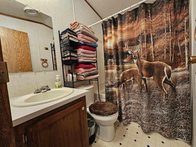 full bathroom with vanity, toilet, shower / bath combo with shower curtain, and a textured ceiling