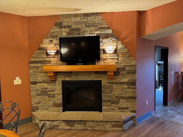 details featuring a fireplace and wood-type flooring