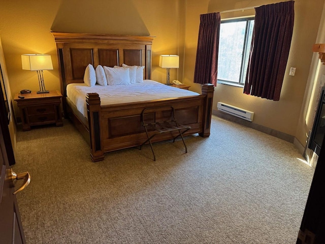 carpeted bedroom with a baseboard radiator