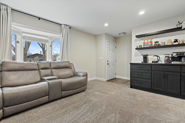 living room with light colored carpet