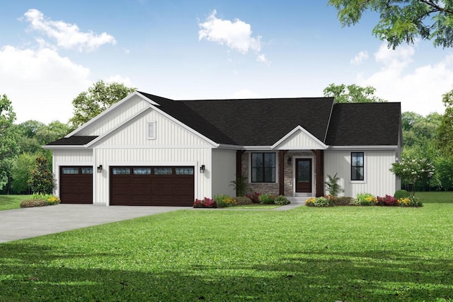 modern farmhouse style home with a garage and a front yard