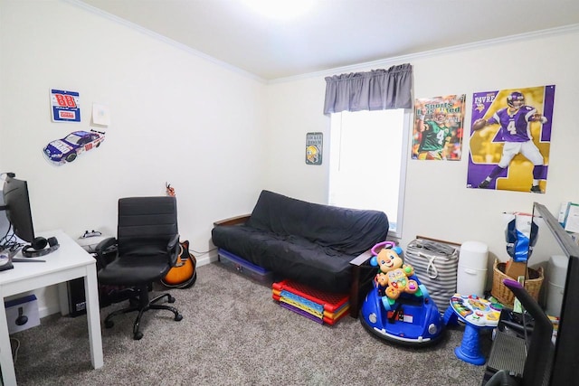 home office featuring carpet floors and crown molding