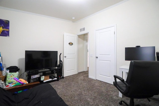 carpeted office space with ornamental molding