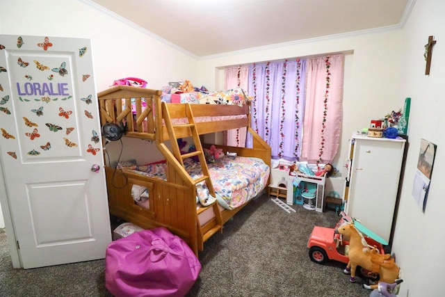 carpeted bedroom featuring ornamental molding