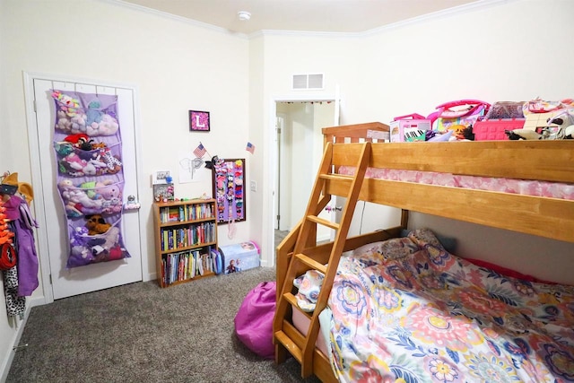 carpeted bedroom with crown molding