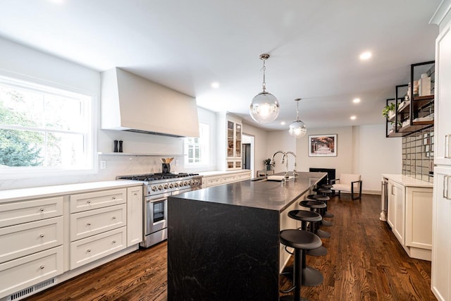 kitchen featuring sink, dark wood-type flooring, range hood, an island with sink, and double oven range