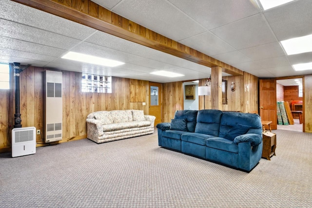 living room with wood walls and carpet floors