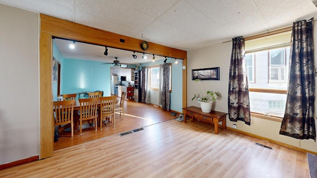 dining room featuring ceiling fan, light hardwood / wood-style flooring, a healthy amount of sunlight, and track lighting