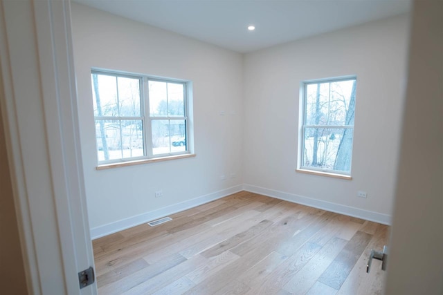 spare room featuring a wealth of natural light and light wood-type flooring