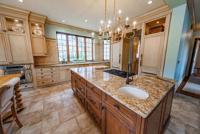 304 Braebourne Ct, Green Bay, WI 54301 - bathroom with decorative backsplash, an inviting chandelier, crown molding, and sink