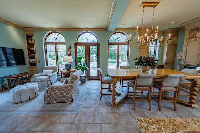 304 Braebourne Ct, Green Bay, WI 54301 - dining area featuring beam ceiling, french doors, built in features, a notable chandelier, and ornamental molding