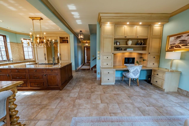 304 Braebourne Ct, Green Bay, WI 54301 - office with a notable chandelier, built in desk, and crown molding